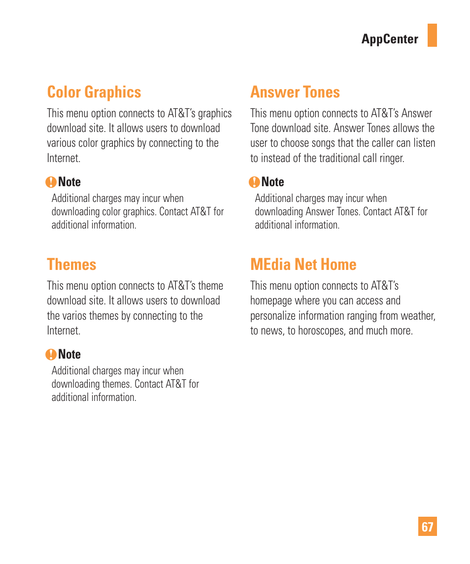 Color graphics, Themes, Answer tones | Media net home | LG Vu Plus User Manual | Page 71 / 150