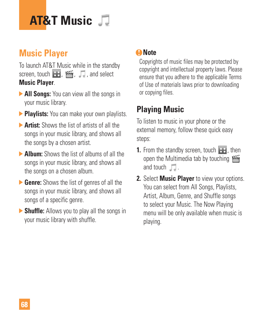 At&t music, Music player, Playing music | LG Vu Plus User Manual | Page 72 / 150