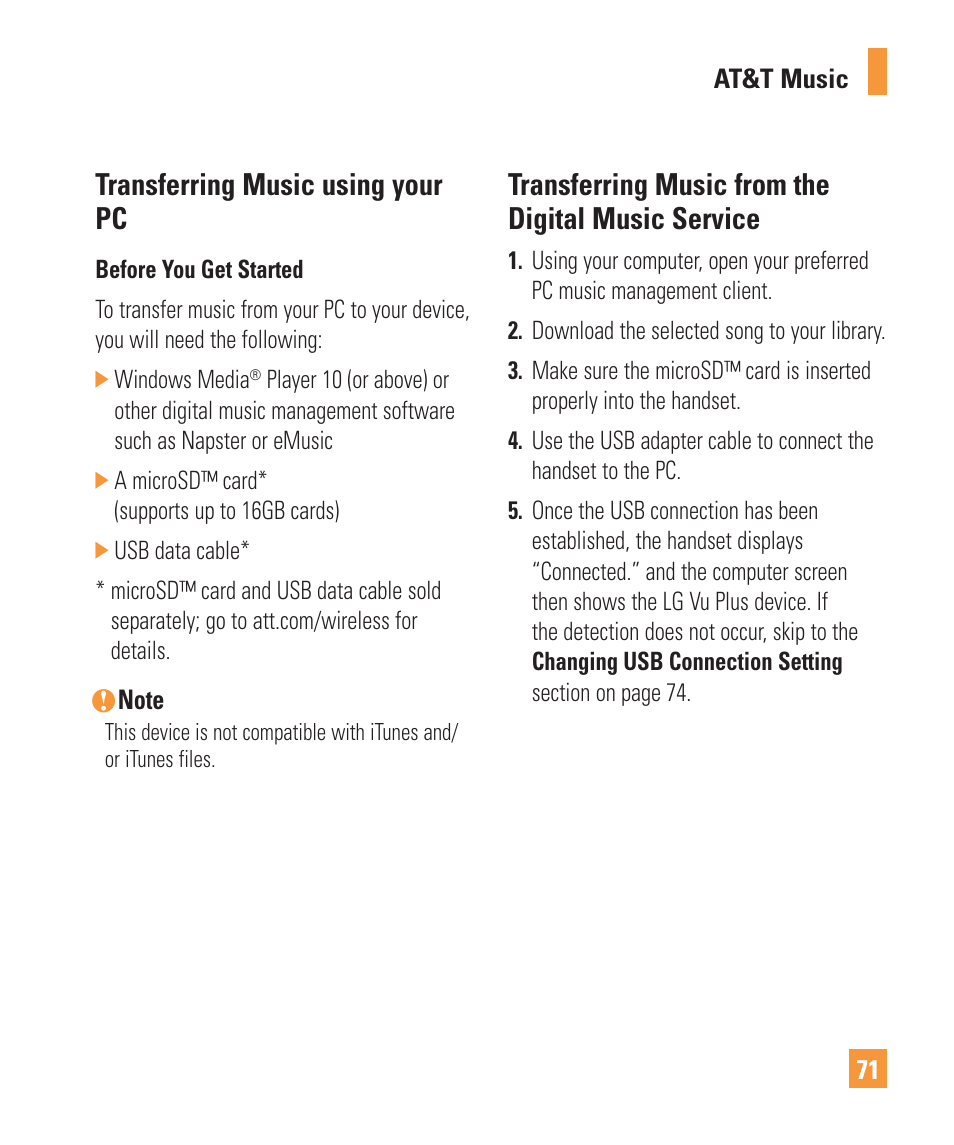 Transferring music using your pc, Transferring music from the digital music service | LG Vu Plus User Manual | Page 75 / 150