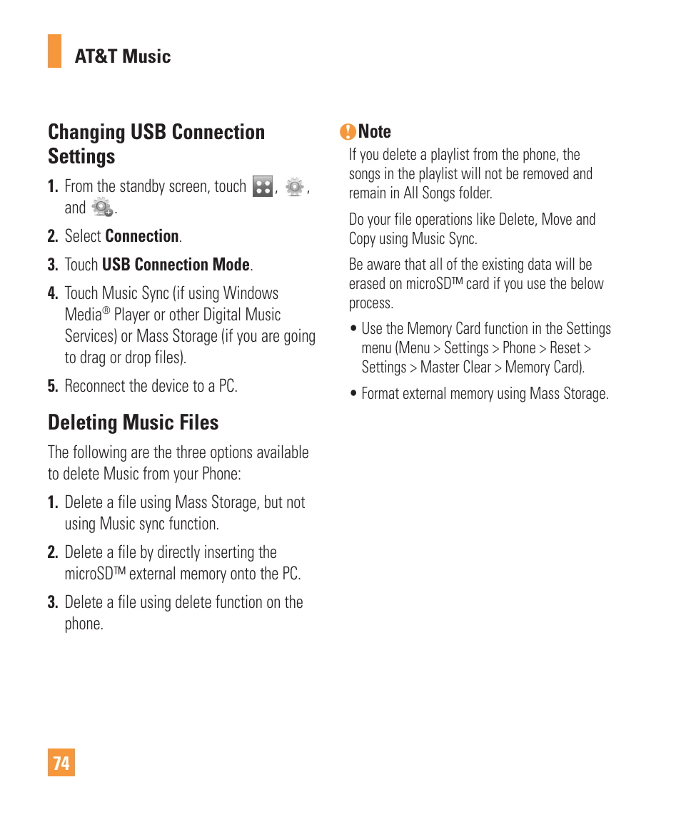 Changing usb connection settings, Deleting music files | LG Vu Plus User Manual | Page 78 / 150