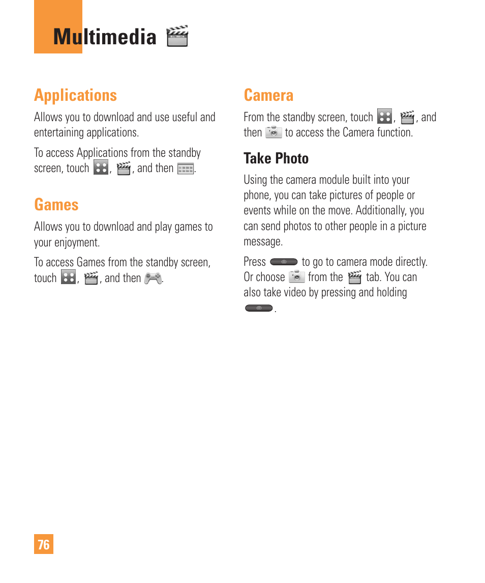 Multimedia, Applications, Games | Camera, Take photo | LG Vu Plus User Manual | Page 80 / 150