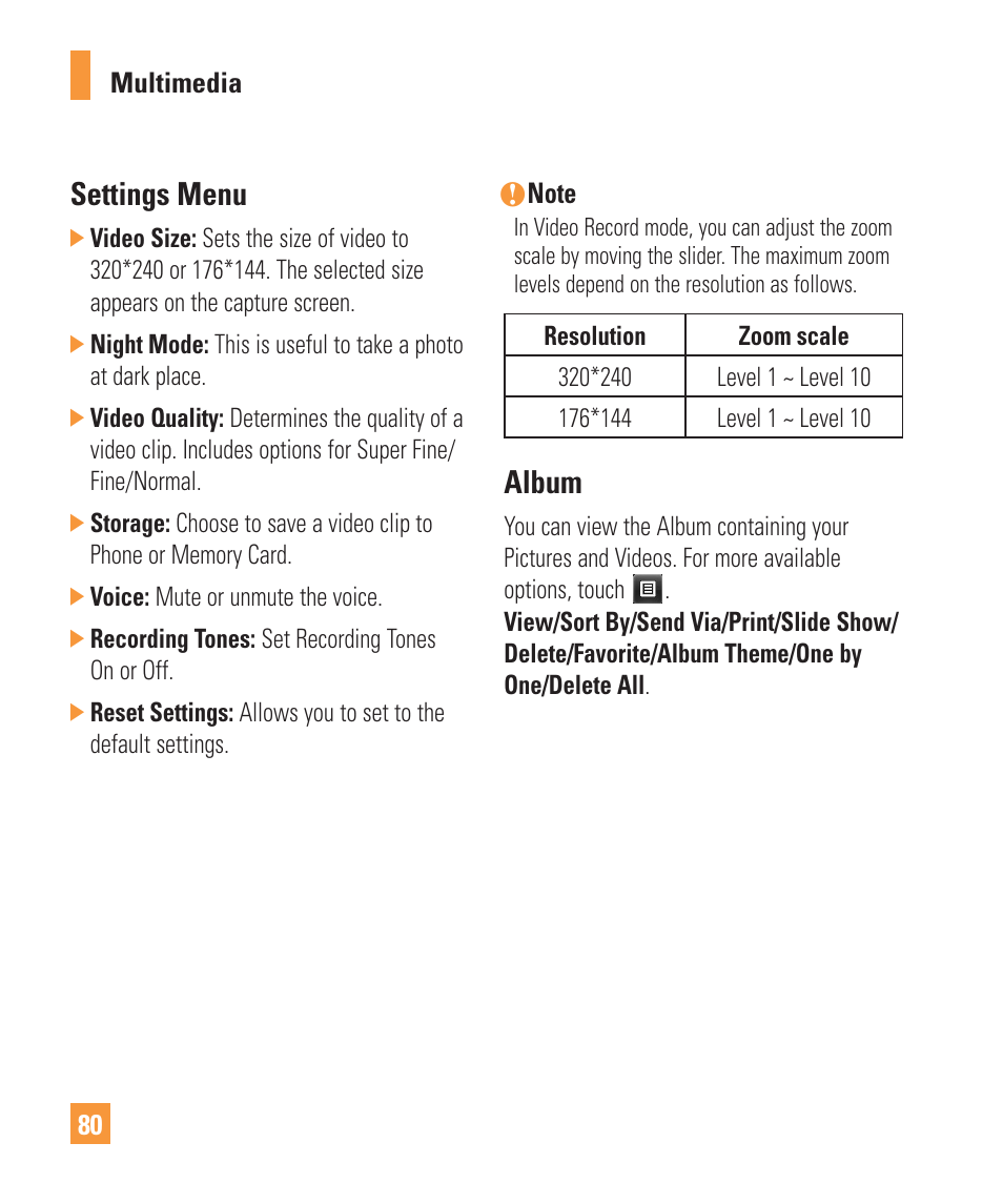 Settings menu, Album | LG Vu Plus User Manual | Page 84 / 150