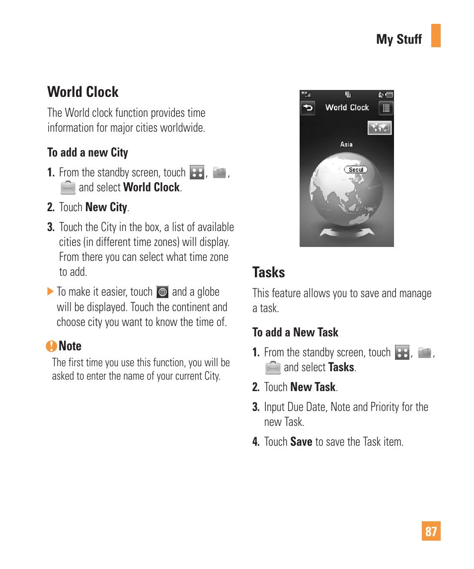 World clock, Tasks | LG Vu Plus User Manual | Page 91 / 150