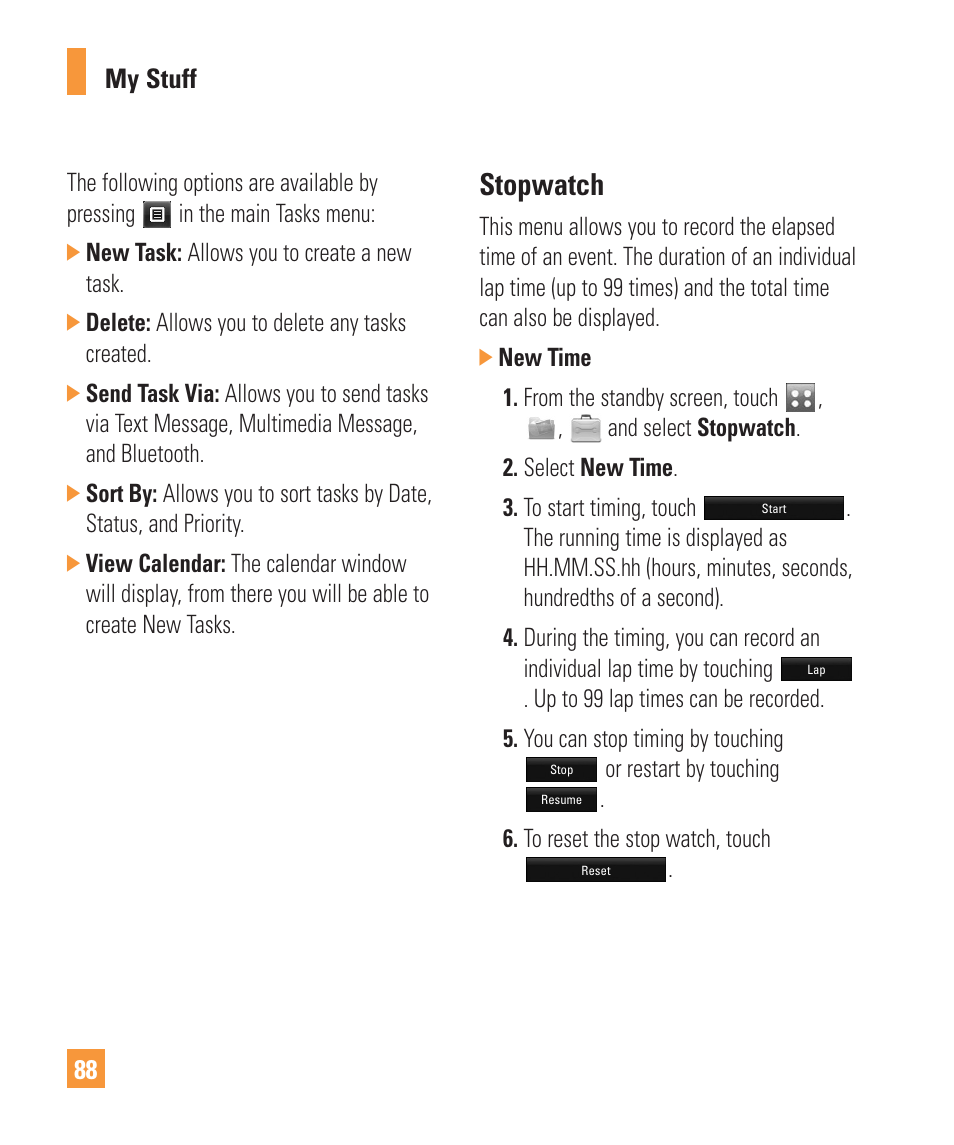 Stopwatch | LG Vu Plus User Manual | Page 92 / 150