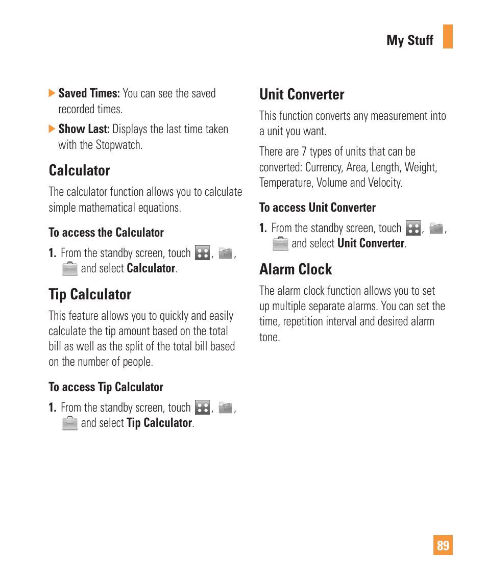 Calculator, Tip calculator, Unit converter | Alarm clock | LG Vu Plus User Manual | Page 93 / 150