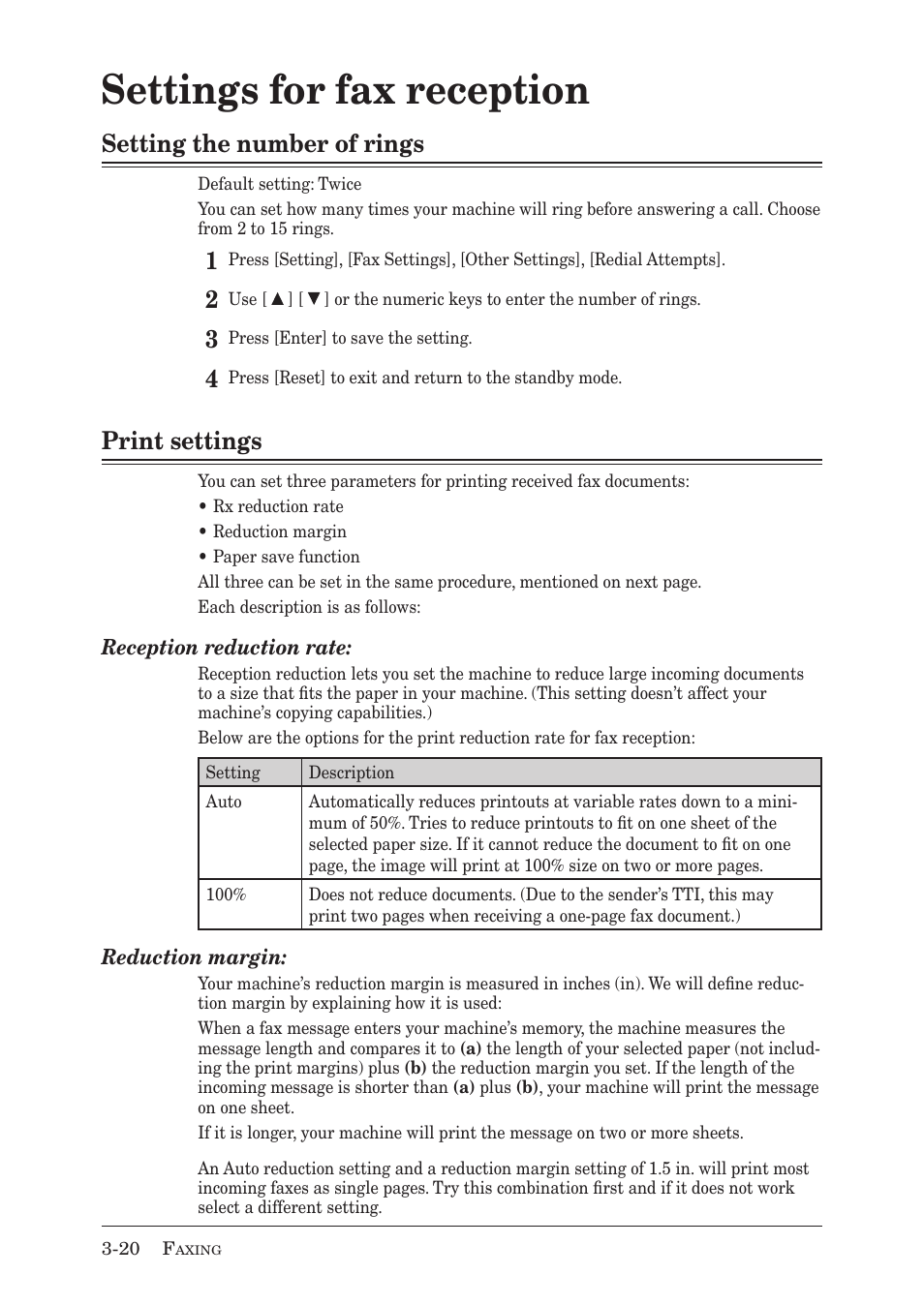 Settings for fax reception, Setting the number of rings, Print settings | Muratec MX-2030 User Manual | Page 102 / 396