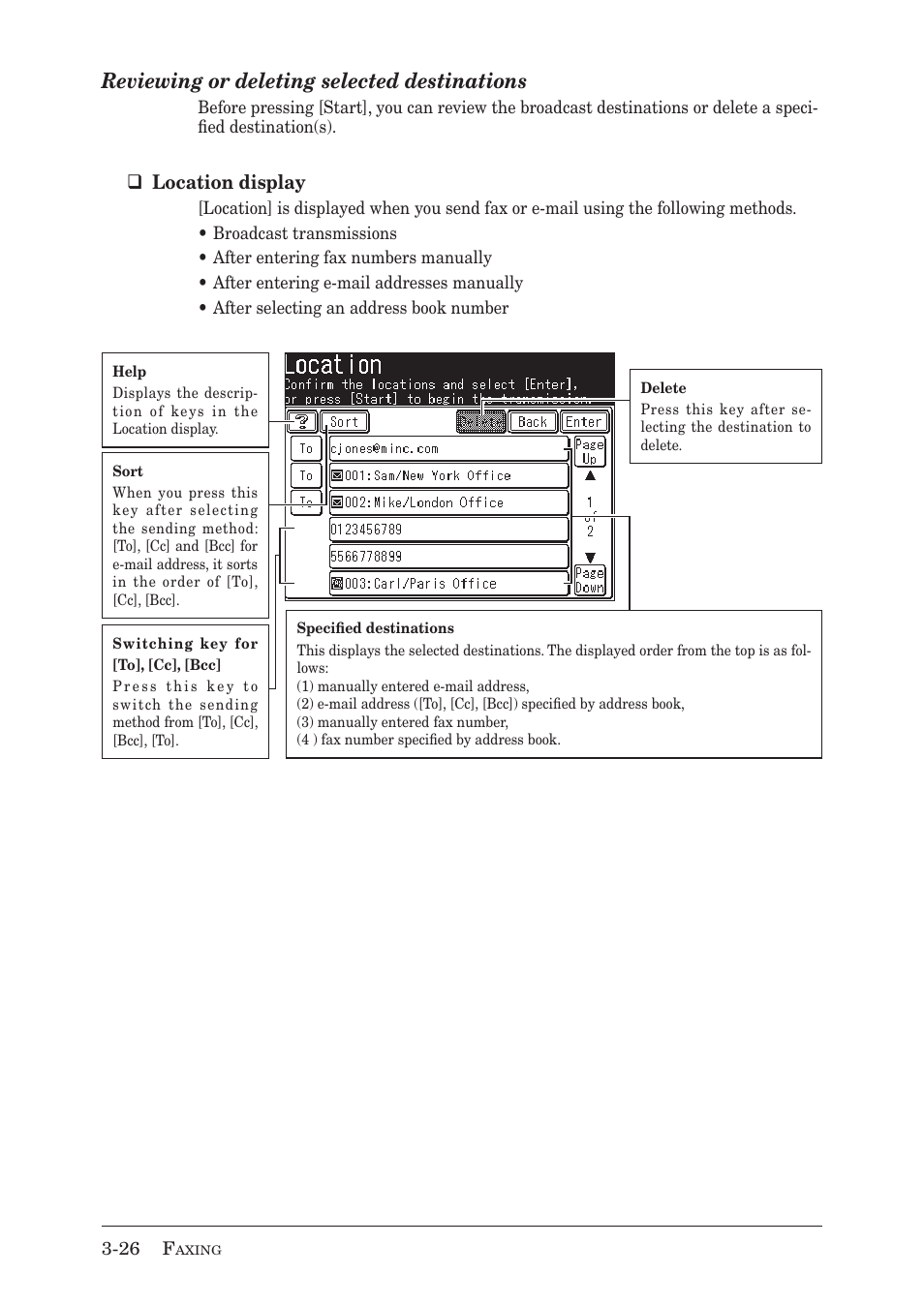 Reviewing or deleting selected destinations, Location display | Muratec MX-2030 User Manual | Page 108 / 396