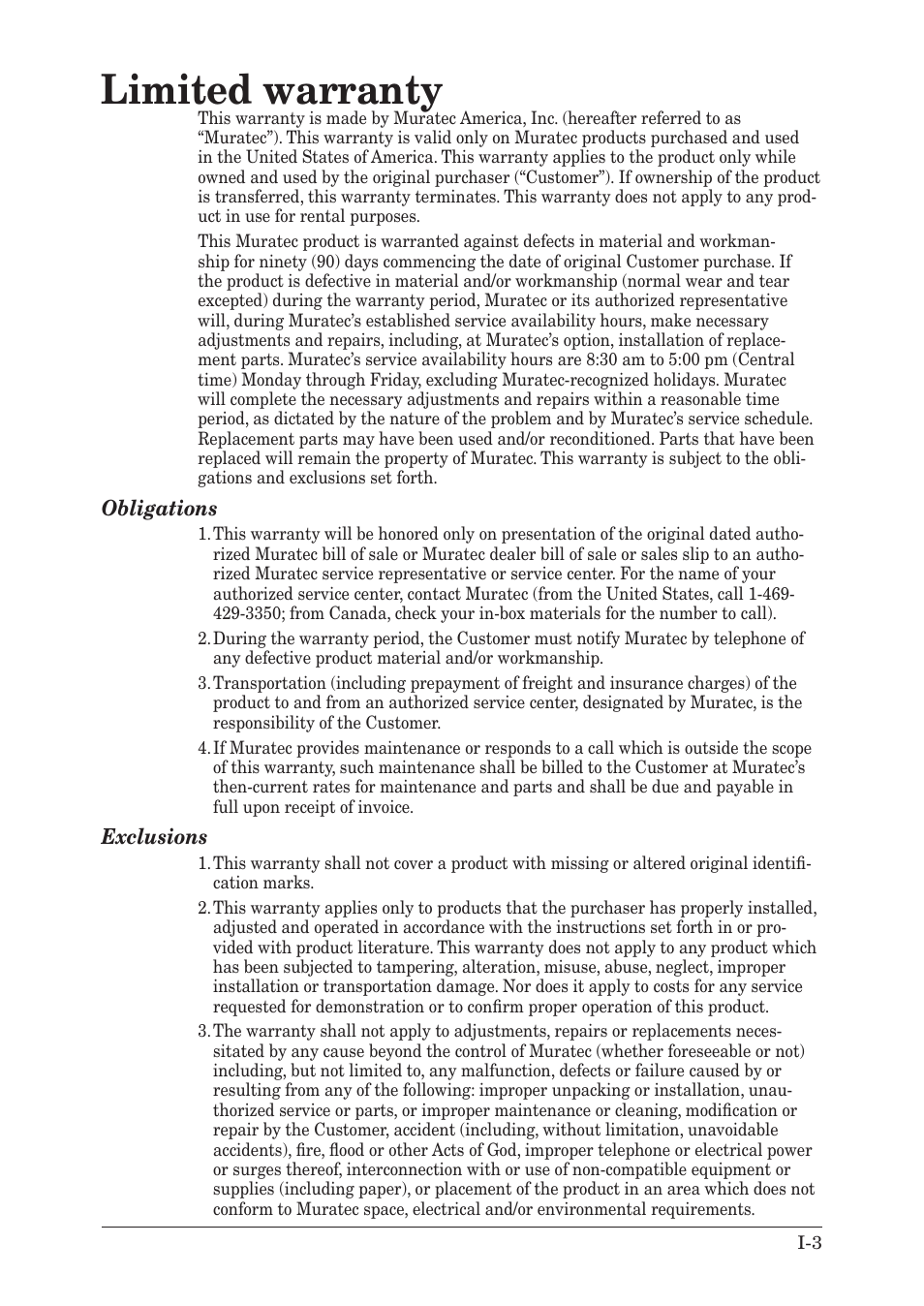 Limited warranty | Muratec MX-2030 User Manual | Page 13 / 396