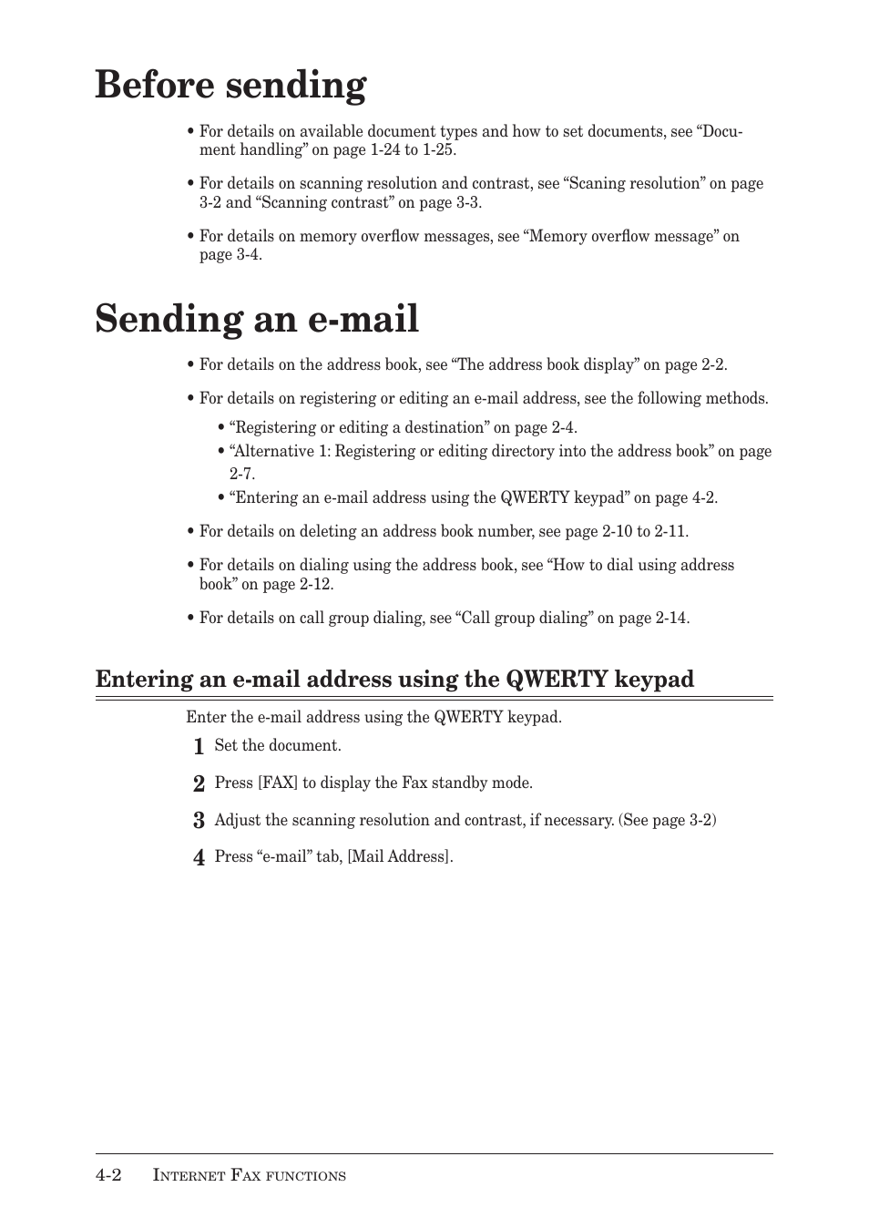 Before sending, Sending an e-mail, Entering an e-mail address using the qwerty keypad | Muratec MX-2030 User Manual | Page 142 / 396