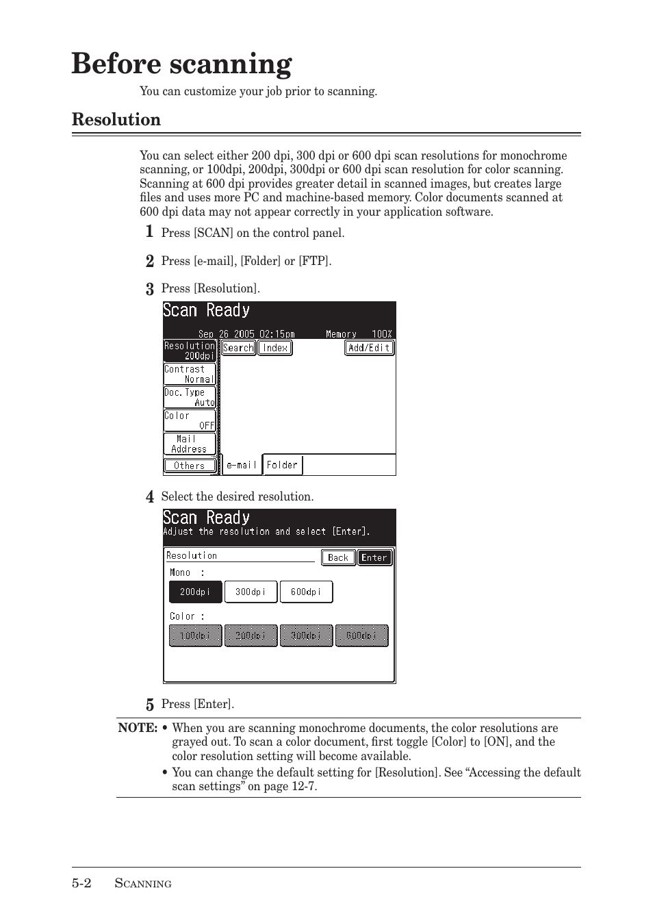 Before scanning, Resolution | Muratec MX-2030 User Manual | Page 156 / 396