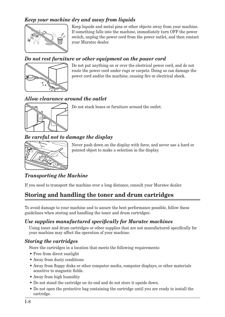Storing and handling the toner and drum cartridges | Muratec MX-2030 User Manual | Page 18 / 396