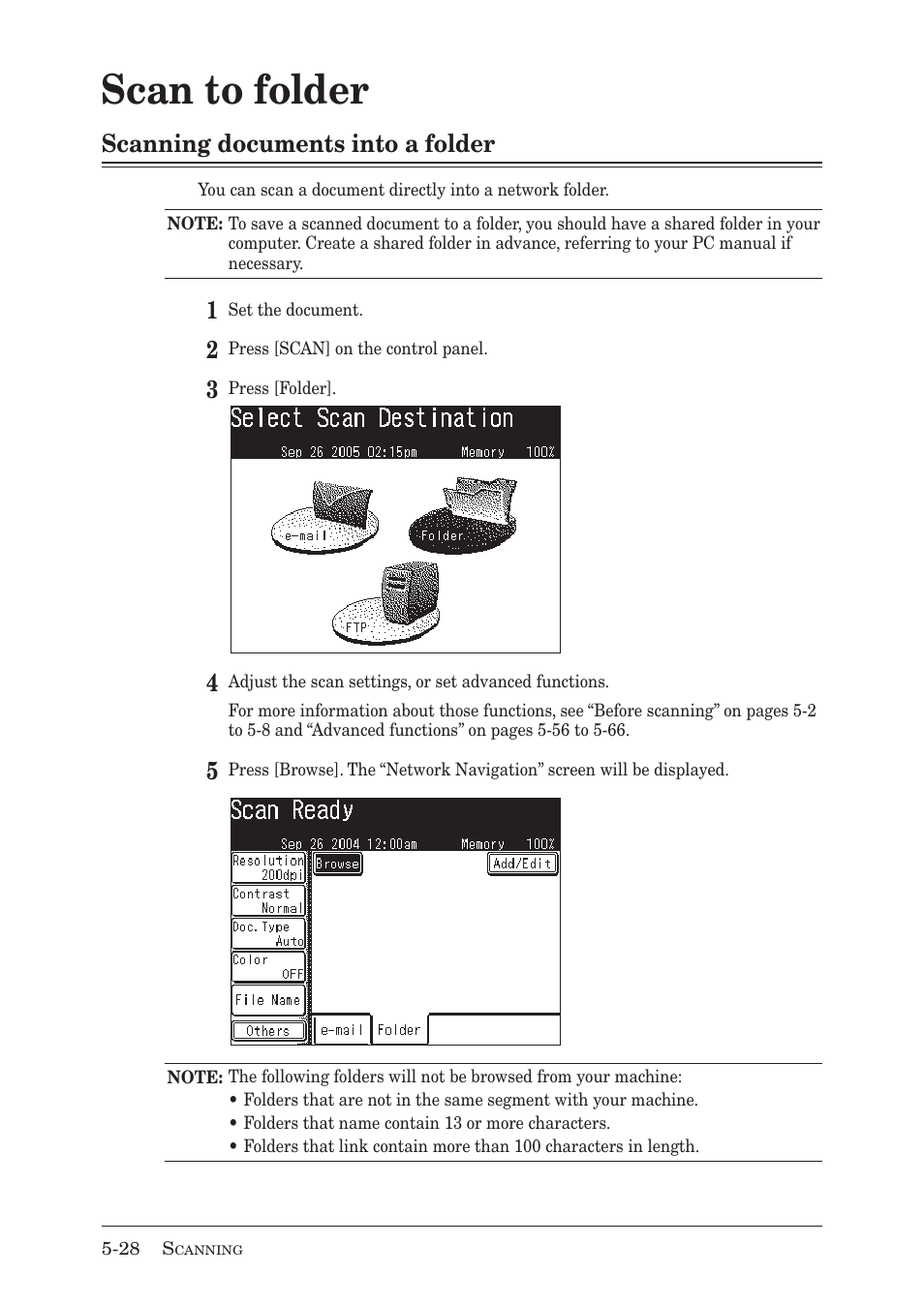 Scan to folder, Scanning documents into a folder | Muratec MX-2030 User Manual | Page 182 / 396