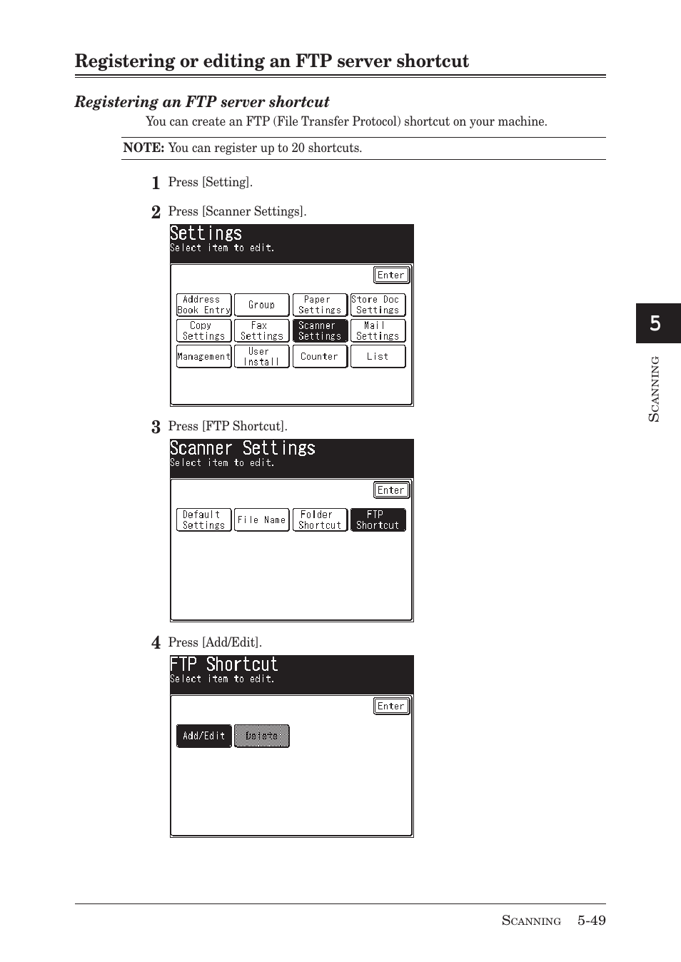 Registering or editing an ftp server shortcut | Muratec MX-2030 User Manual | Page 203 / 396