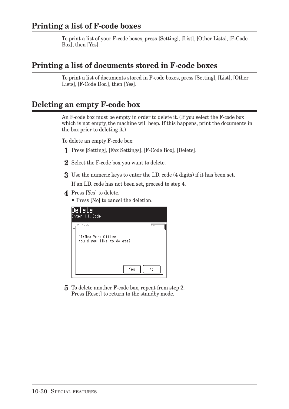 Printing a list of f-code boxes, Deleting an empty f-code box | Muratec MX-2030 User Manual | Page 298 / 396