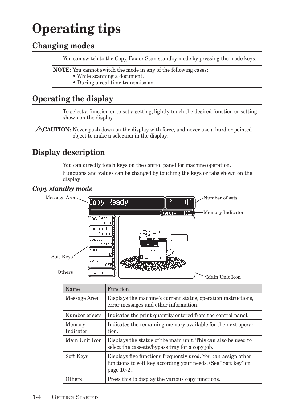 Operating tips, Changing modes, Operating the display | Display description, Copy standby mode | Muratec MX-2030 User Manual | Page 32 / 396