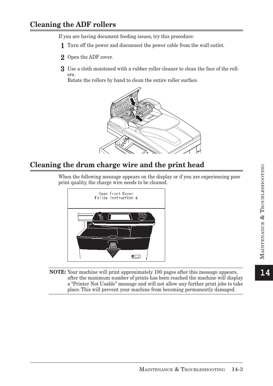 Cleaning the adf rollers, Cleaning the drum charge wire and the print head | Muratec MX-2030 User Manual | Page 359 / 396