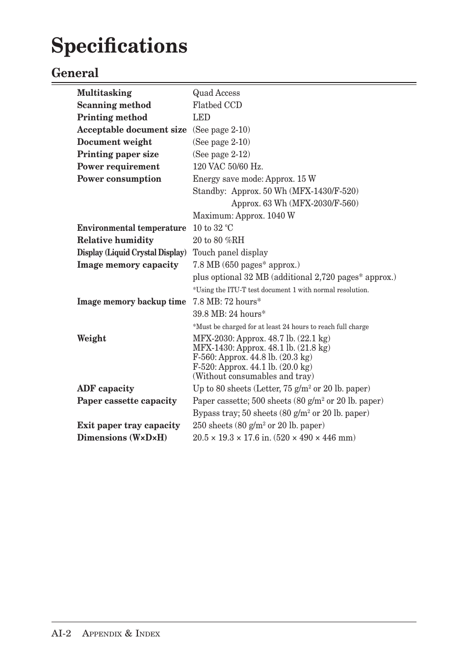 Speciﬁcations, General | Muratec MX-2030 User Manual | Page 390 / 396