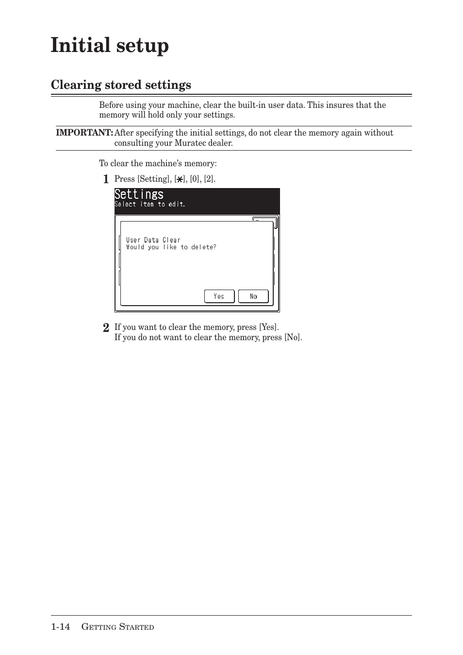 Initial setup, Clearing stored settings | Muratec MX-2030 User Manual | Page 42 / 396
