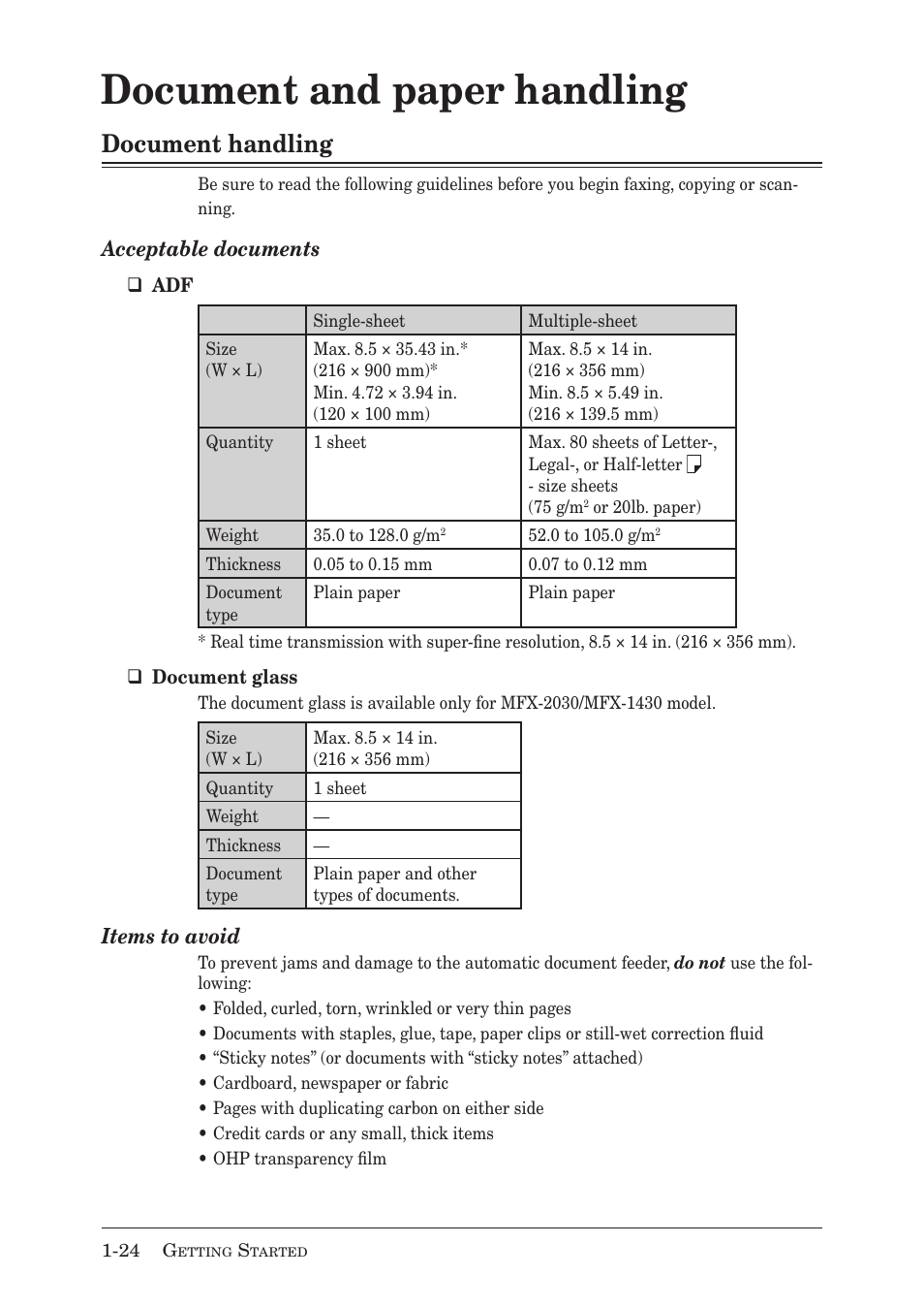 Document and paper handling, Document handling, Acceptable documents | Items to avoid | Muratec MX-2030 User Manual | Page 52 / 396