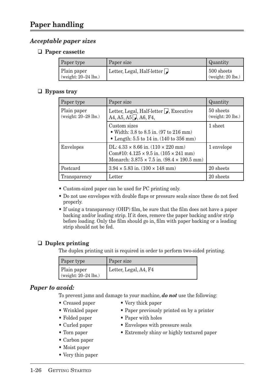 Paper handling, Acceptable paper sizes, Paper to avoid | Muratec MX-2030 User Manual | Page 54 / 396