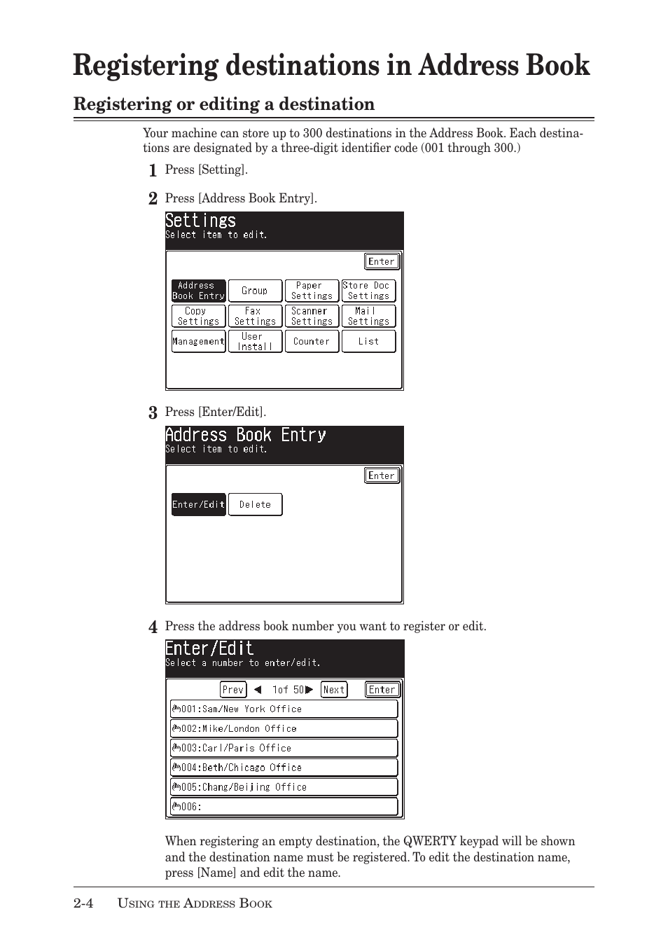 Registering destinations in address book, Registering or editing a destination | Muratec MX-2030 User Manual | Page 64 / 396