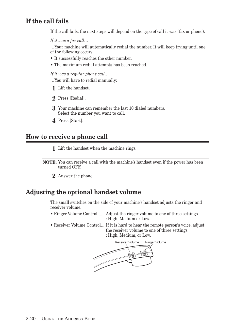 If the call fails, How to receive a phone call 1, Adjusting the optional handset volume | Muratec MX-2030 User Manual | Page 80 / 396