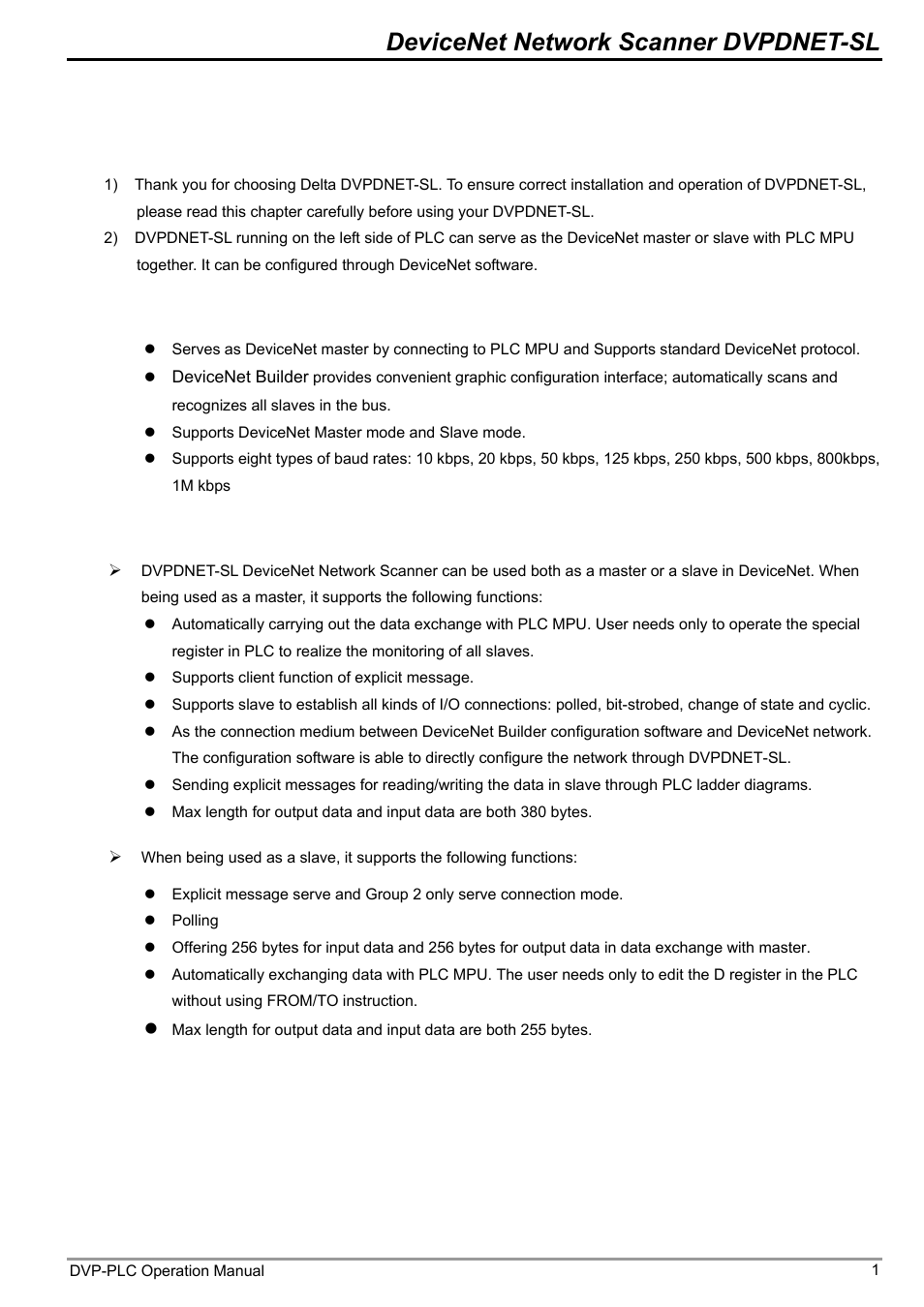 1 introduction, 1 features, 2 basic functions of dvpdnet-sl | Introduction, Devicenet network scanner dvpdnet-sl | Delta DVP-0204520-03 User Manual | Page 4 / 44