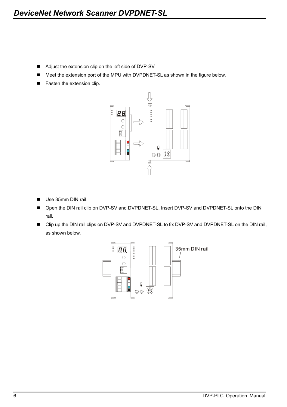 3 installation, 1 connecting dvpdnet-sl to dvp-sv mpu, 2 installing dvpdnet-sl and dvp-sv mpu on din rail | Installation, Devicenet network scanner dvpdnet-sl | Delta DVP-0204520-03 User Manual | Page 9 / 44