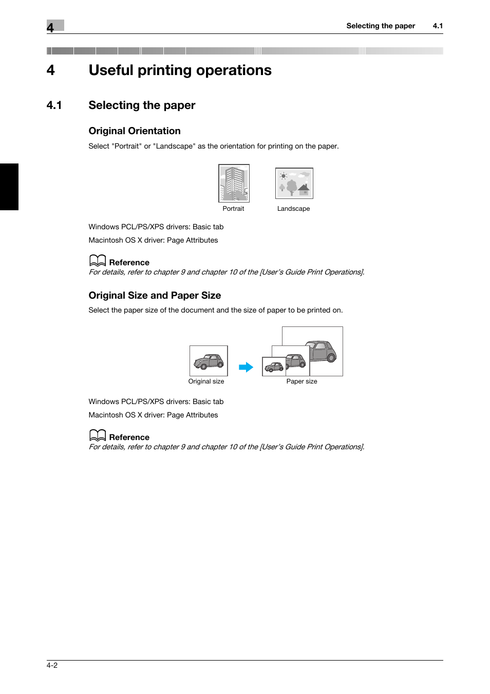 4 useful printing operations, 1 selecting the paper, Original orientation | Original size and paper size, Useful printing operations, 4useful printing operations | 321 Studios Muratec MFX-C2828 User Manual | Page 175 / 292
