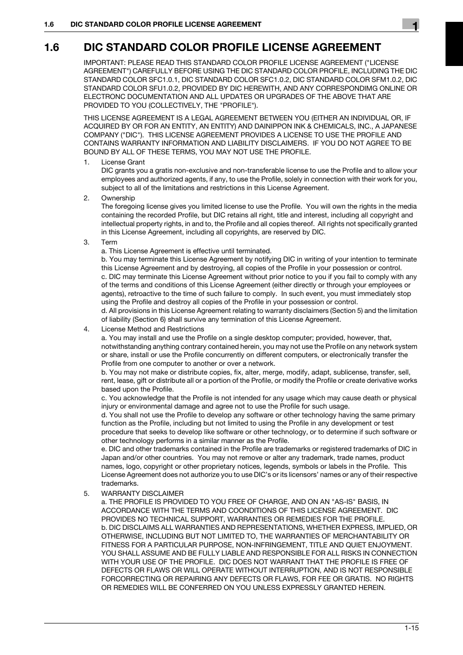 6 dic standard color profile license agreement, Dic standard color profile license agreement -15 | 321 Studios Muratec MFX-C2828 User Manual | Page 22 / 292