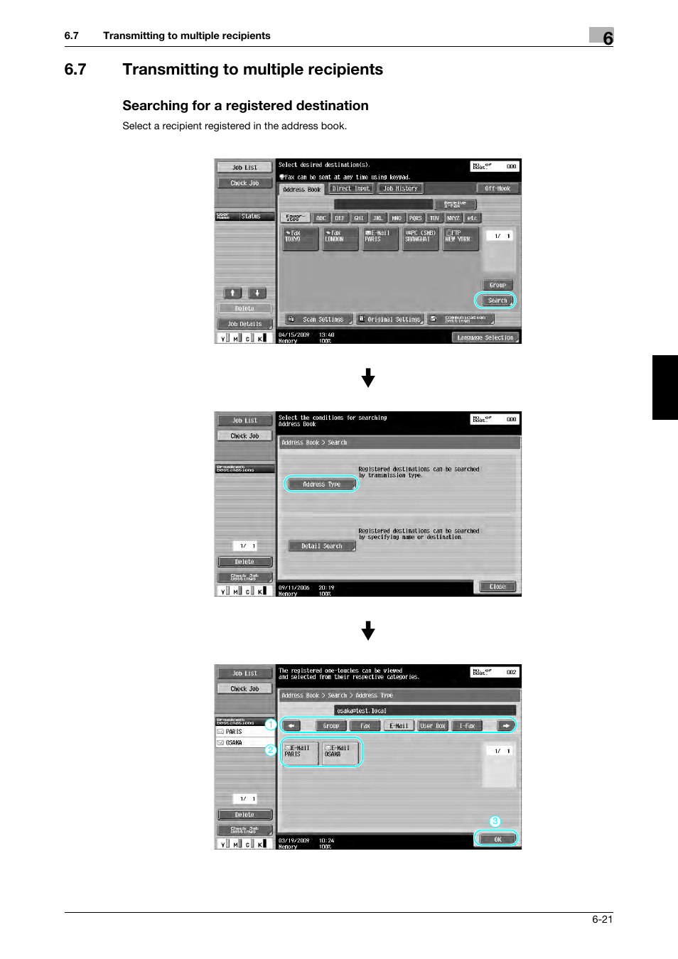 7 transmitting to multiple recipients, Searching for a registered destination | 321 Studios Muratec MFX-C2828 User Manual | Page 240 / 292