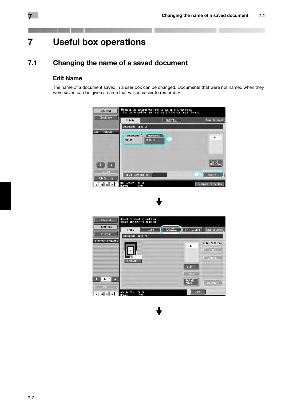 7 useful box operations, 1 changing the name of a saved document, Edit name | Useful box operations, 7useful box operations | 321 Studios Muratec MFX-C2828 User Manual | Page 247 / 292