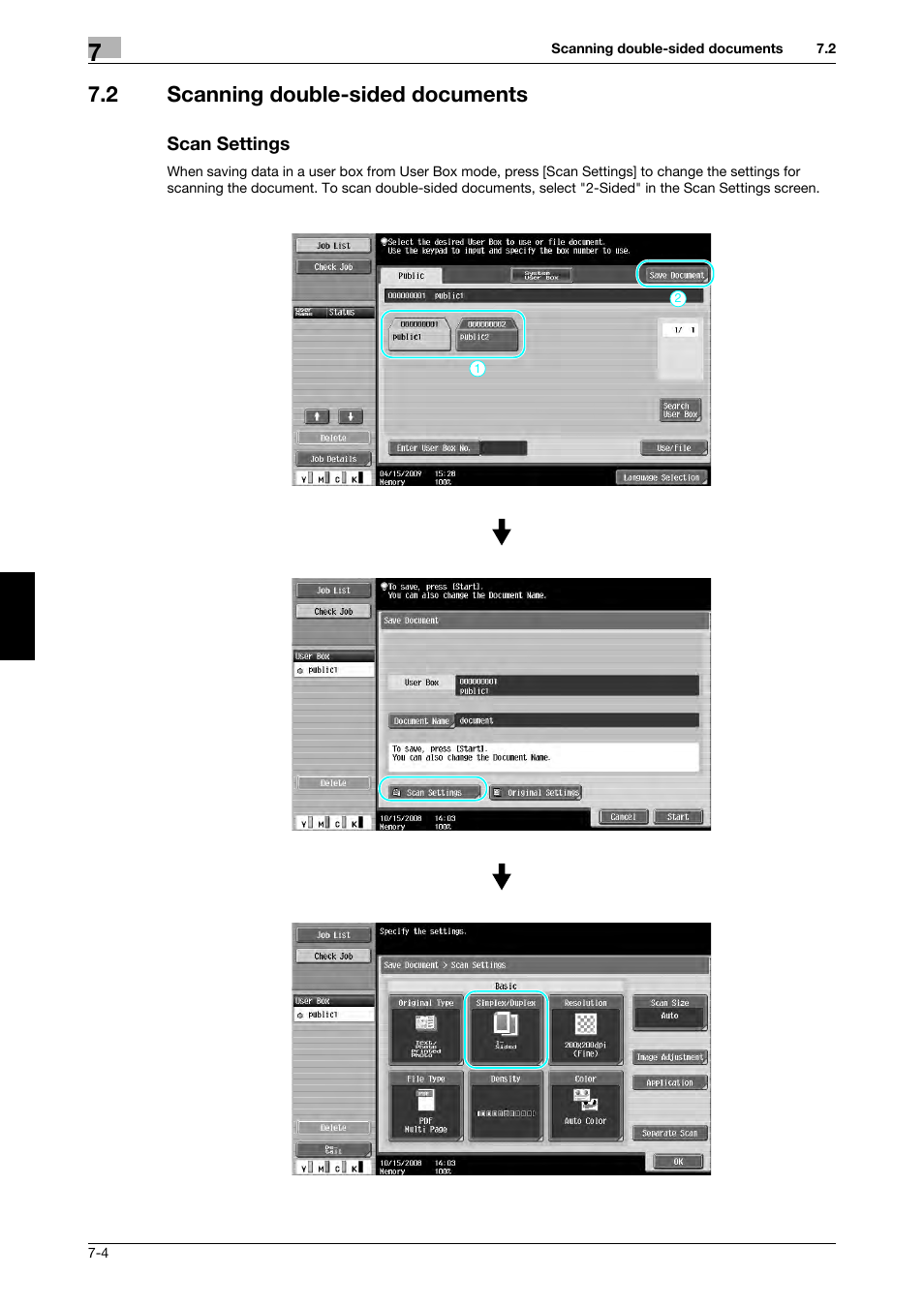2 scanning double-sided documents, Scan settings | 321 Studios Muratec MFX-C2828 User Manual | Page 249 / 292