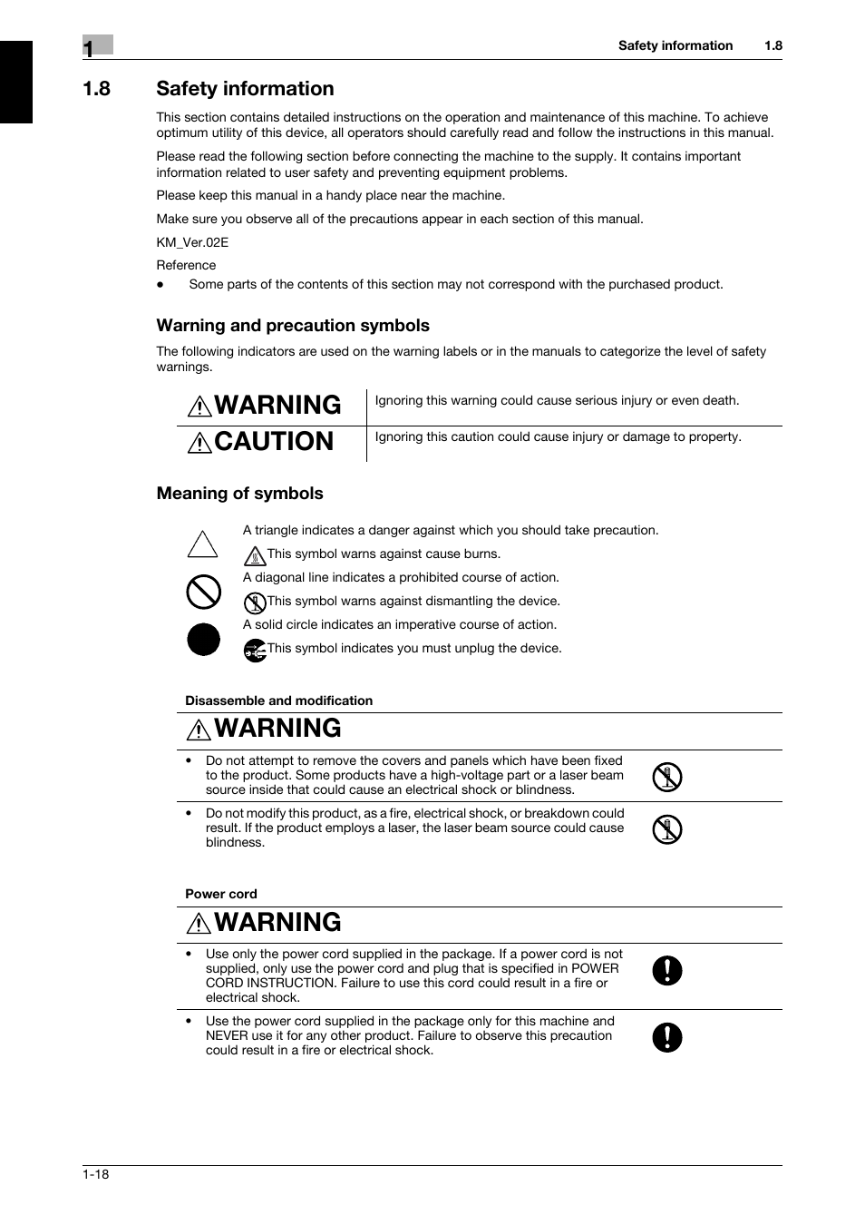 8 safety information, Warning and precaution symbols, Meaning of symbols | Warning, Caution | 321 Studios Muratec MFX-C2828 User Manual | Page 25 / 292