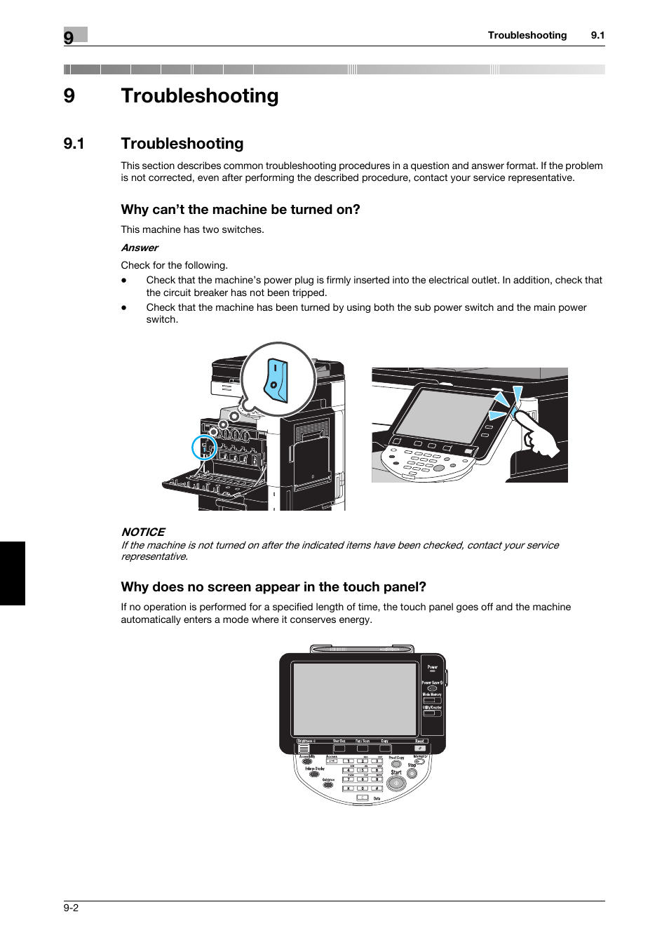 9 troubleshooting, 1 troubleshooting, Why can’t the machine be turned on | Why does no screen appear in the touch panel, Troubleshooting, 9troubleshooting | 321 Studios Muratec MFX-C2828 User Manual | Page 273 / 292