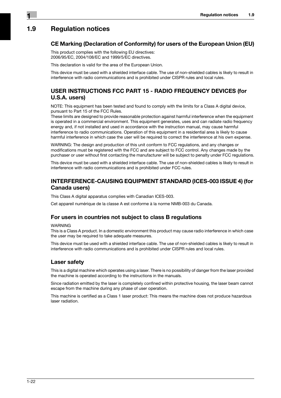 9 regulation notices, Laser safety | 321 Studios Muratec MFX-C2828 User Manual | Page 29 / 292