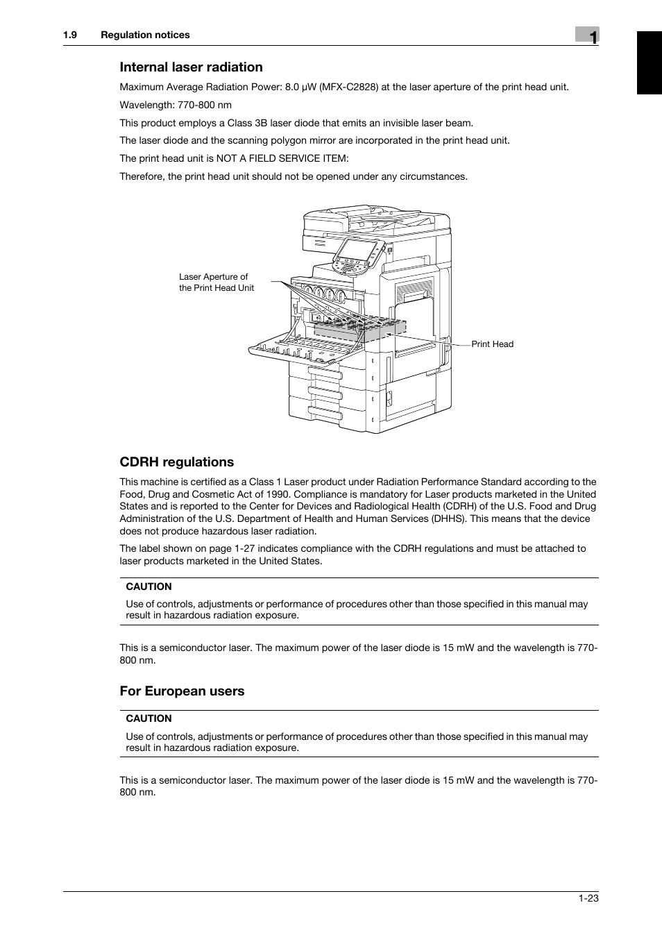 Internal laser radiation, Cdrh regulations, For european users | 321 Studios Muratec MFX-C2828 User Manual | Page 30 / 292