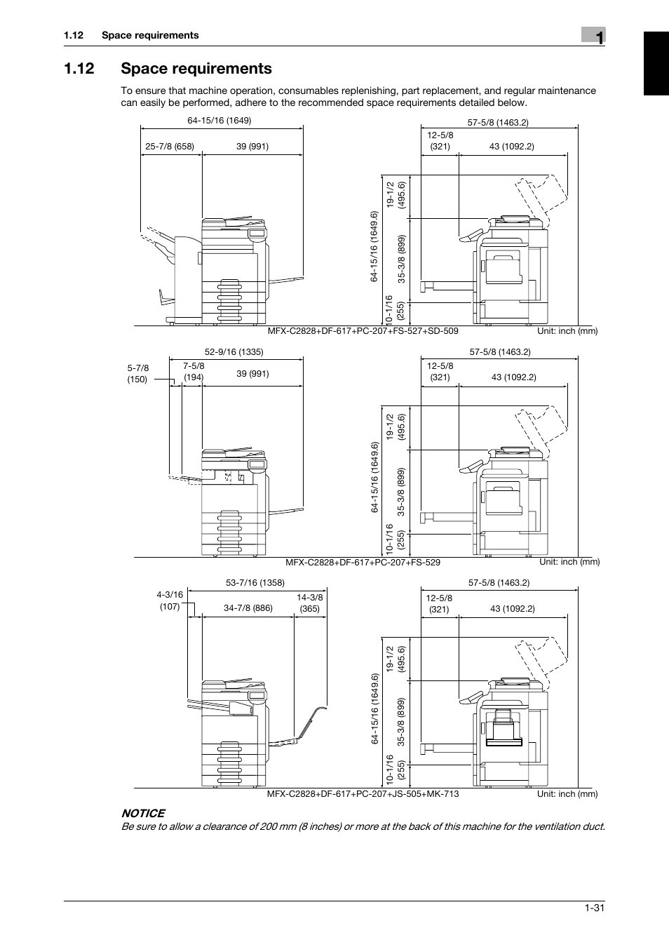 12 space requirements, Space requirements -31 | 321 Studios Muratec MFX-C2828 User Manual | Page 38 / 292