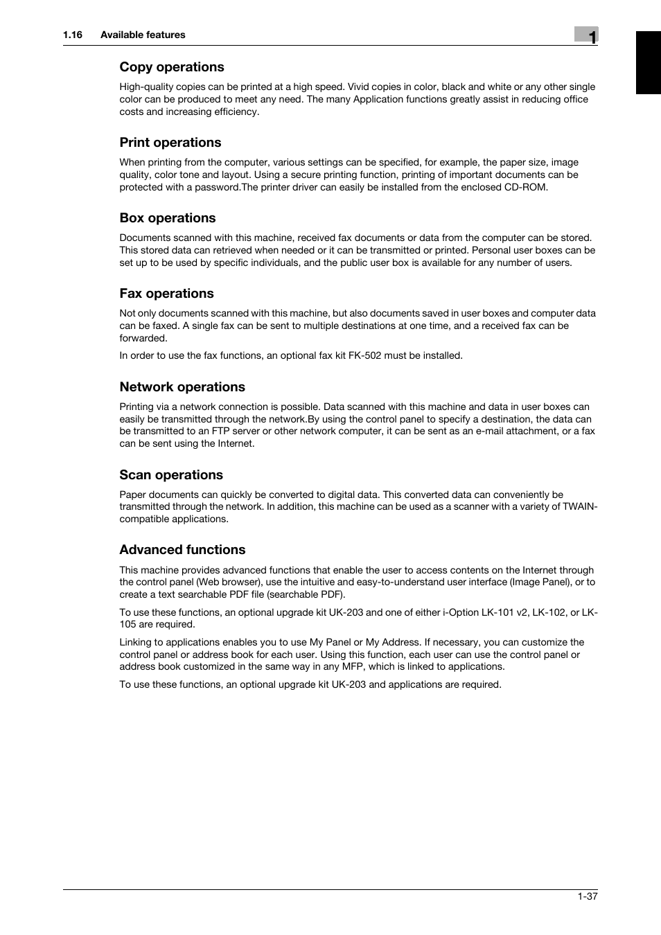 Copy operations, Print operations, Box operations | Fax operations, Network operations, Scan operations, Advanced functions, Copy operations -37 | 321 Studios Muratec MFX-C2828 User Manual | Page 44 / 292