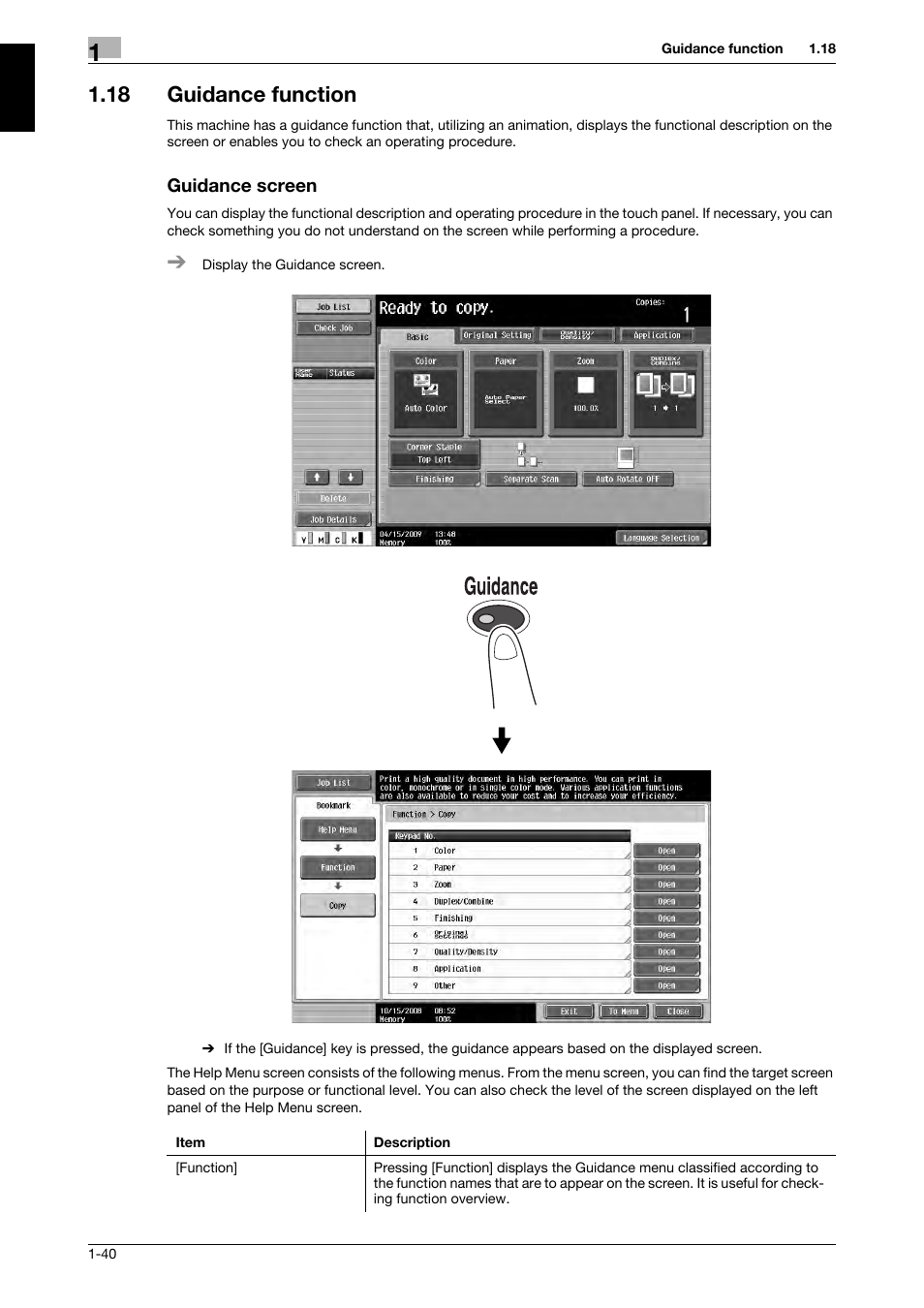 18 guidance function, Guidance screen, Guidance function -40 guidance screen -40 | 321 Studios Muratec MFX-C2828 User Manual | Page 47 / 292
