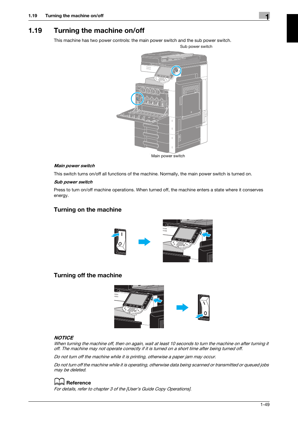 19 turning the machine on/off, Turning on the machine, Turning off the machine | 321 Studios Muratec MFX-C2828 User Manual | Page 56 / 292