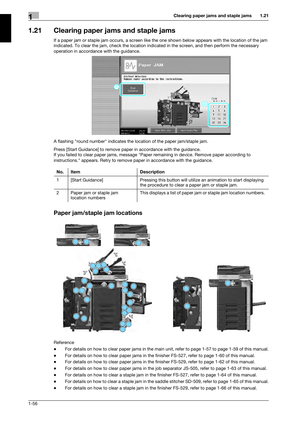 21 clearing paper jams and staple jams, Paper jam/staple jam locations | 321 Studios Muratec MFX-C2828 User Manual | Page 63 / 292