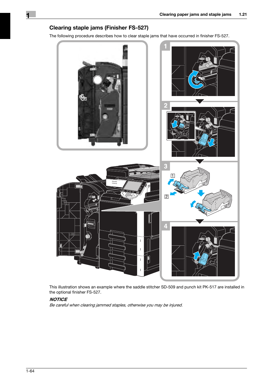 Clearing staple jams (finisher fs-527), Clearing staple jams (finisher fs-527) -64 | 321 Studios Muratec MFX-C2828 User Manual | Page 71 / 292