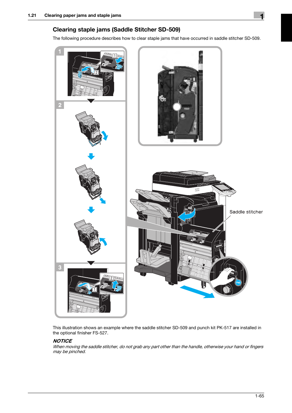 Clearing staple jams (saddle stitcher sd-509), Clearing staple jams (saddle stitcher sd-509) -65 | 321 Studios Muratec MFX-C2828 User Manual | Page 72 / 292