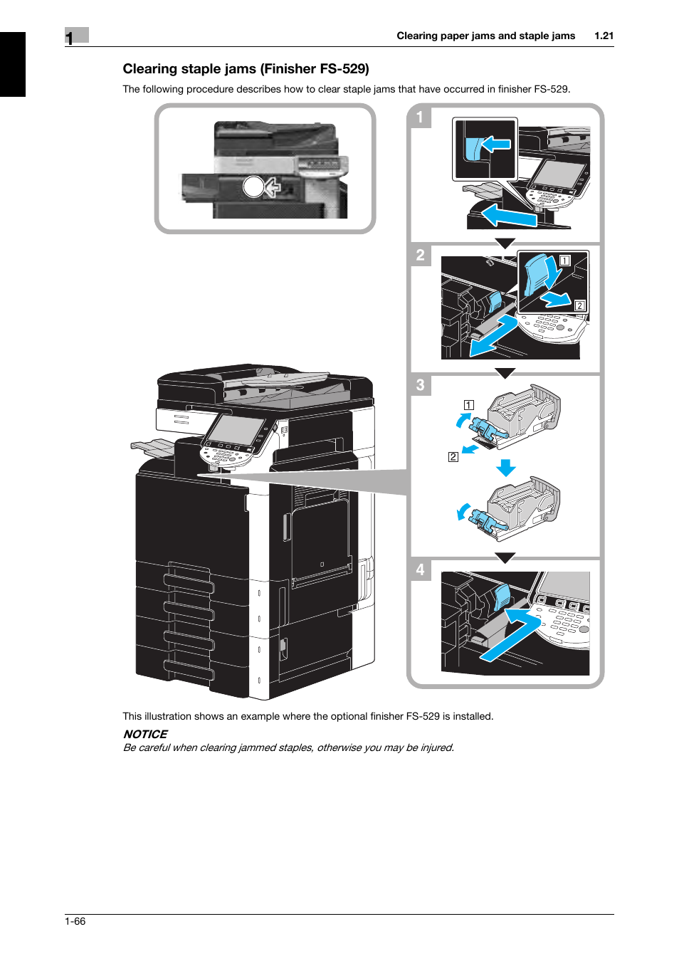 Clearing staple jams (finisher fs-529), Clearing staple jams (finisher fs-529) -66 | 321 Studios Muratec MFX-C2828 User Manual | Page 73 / 292