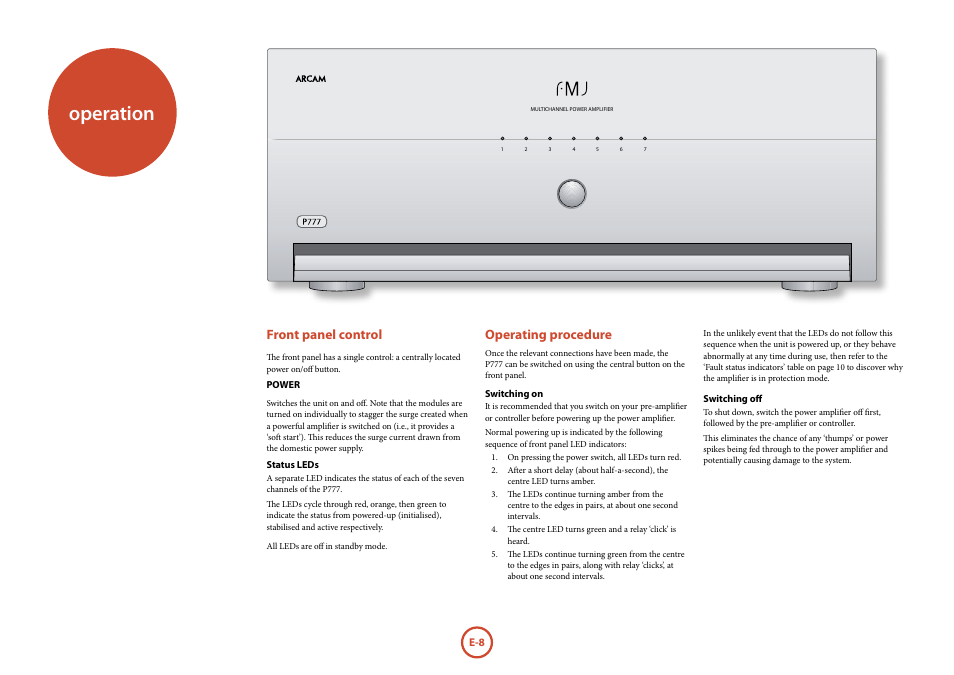 Operation, Front panel control, Operating procedure | Arcam P777 User Manual | Page 10 / 16