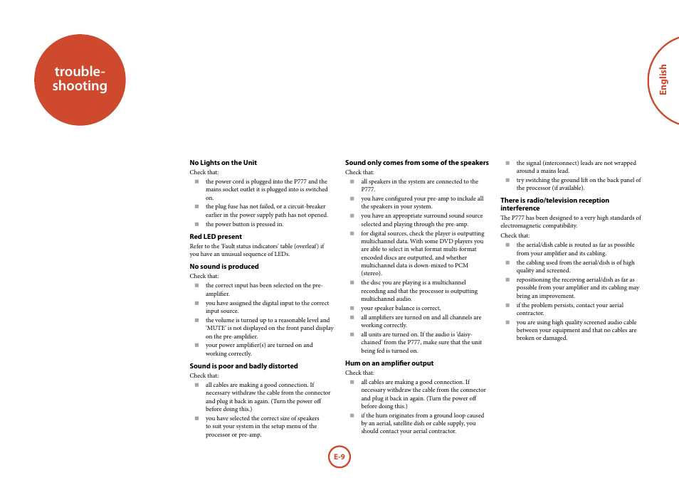 Trouble-shooting, Trouble- shooting, English | Arcam P777 User Manual | Page 11 / 16