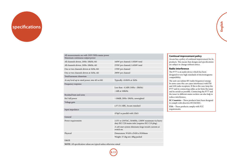 Specifications, English | Arcam P777 User Manual | Page 13 / 16
