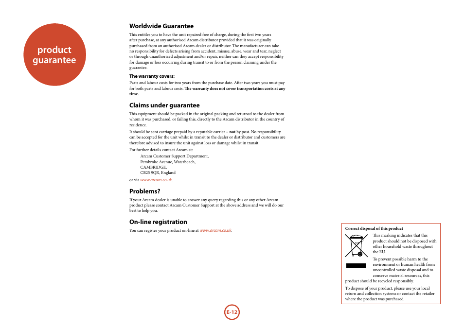 Product guarantee | Arcam P777 User Manual | Page 14 / 16