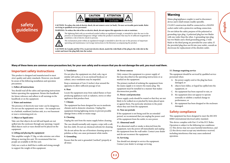 Safety guidelines, English, Important safety instructions | Safety compliance, Warning | Arcam P777 User Manual | Page 3 / 16